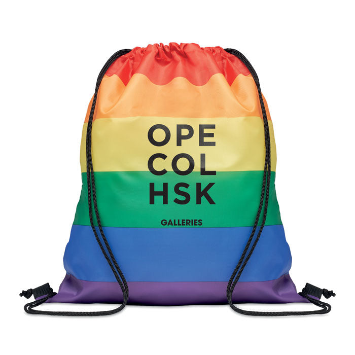 Regenboog RPET trekkoordrugzak Bow met een bedrukking als voorbeeld