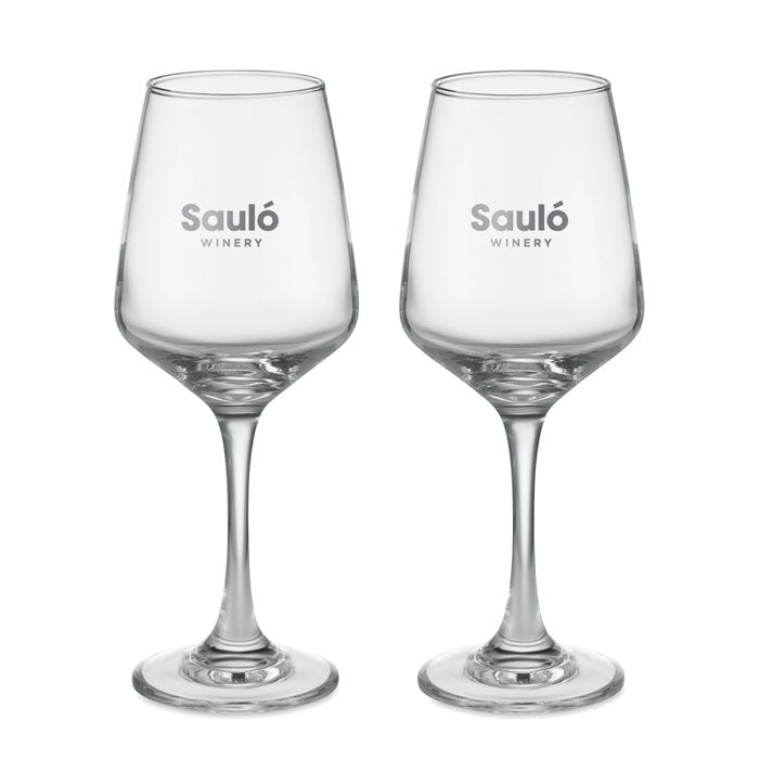 Set van 2 wijnglazen Cheers met een bedrukking als voorbeeld