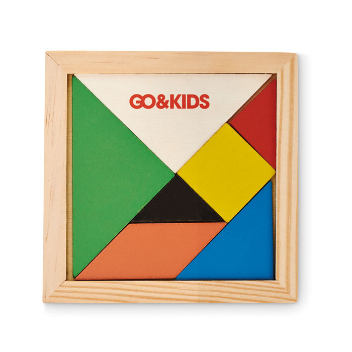 In hout Tangram met een bedrukking als voorbeeld