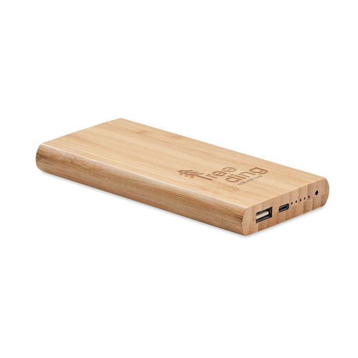 Bamboe powerbank 6000 mAh Arena C met een bedrukking als voorbeeld