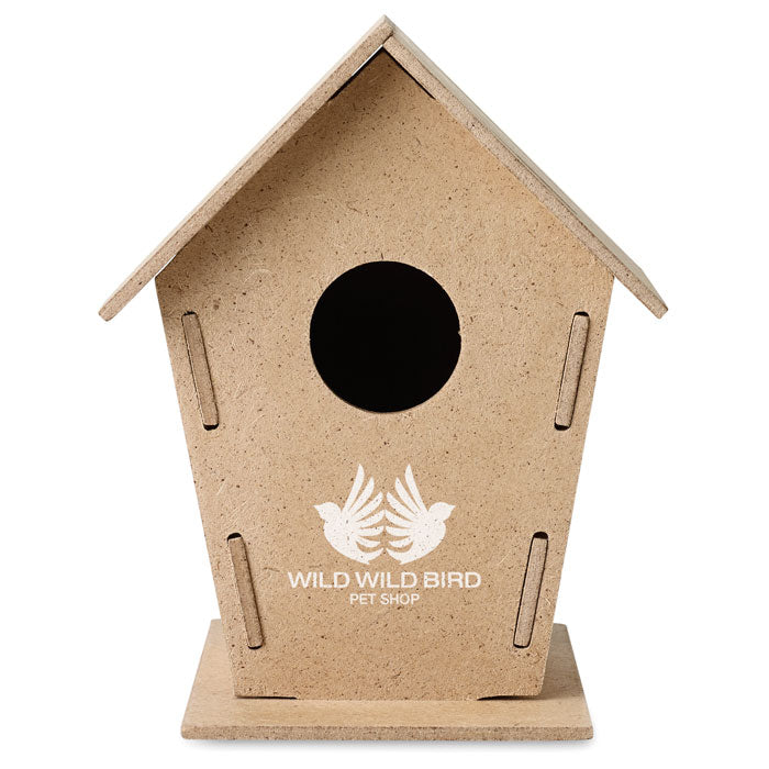Vogelhuisje van MDF Woohouse met een bedrukking als voorbeeld
