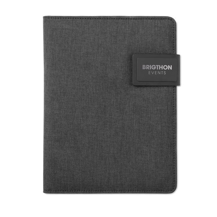 Powerbank schrijfmap A5 Powernoty met een bedrukking als voorbeeld