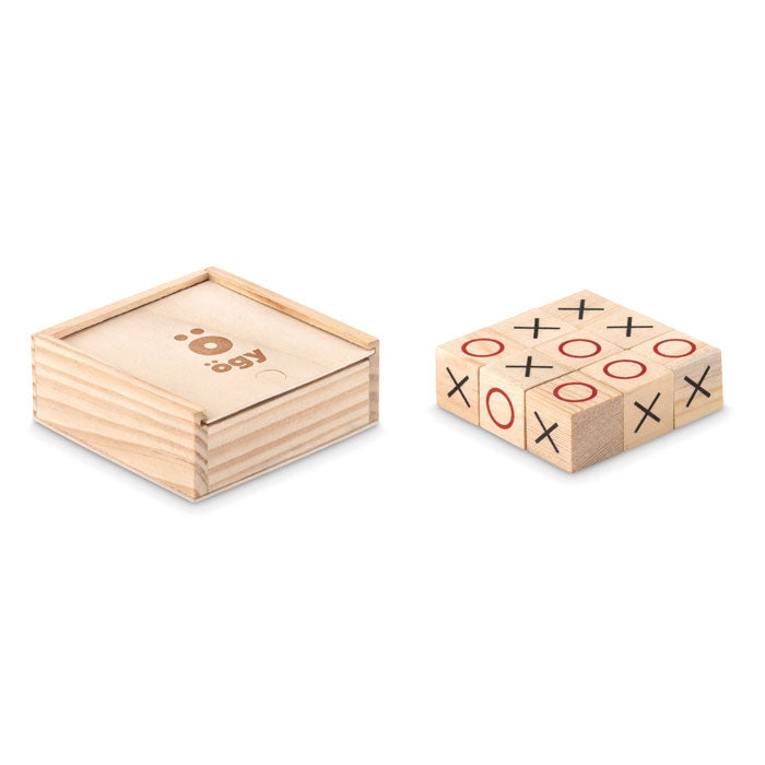 Houten boter-kaas-eieren Tic Tac Toe met een bedrukking als voorbeeld