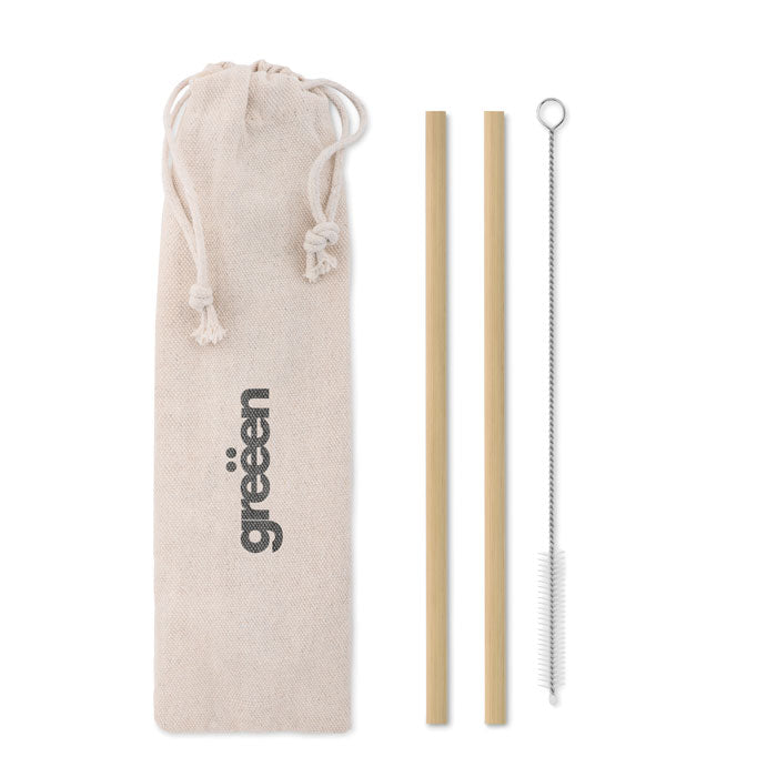 Bamboo rietjes en borstel set Natural Straw met een bedrukking als voorbeeld