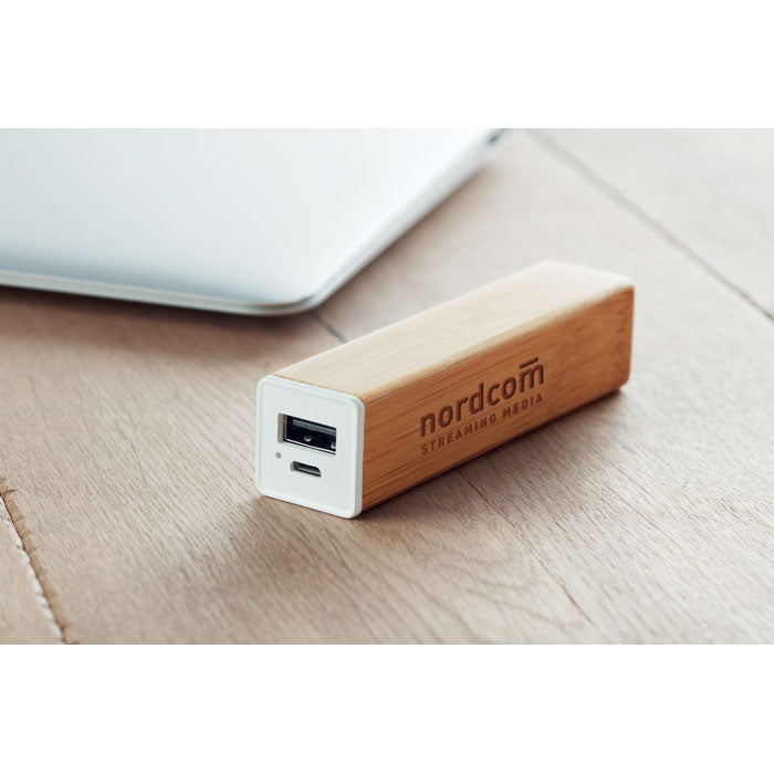 2200 mAh Bamboe powerbank Powerbam met een bedrukking als voorbeeld