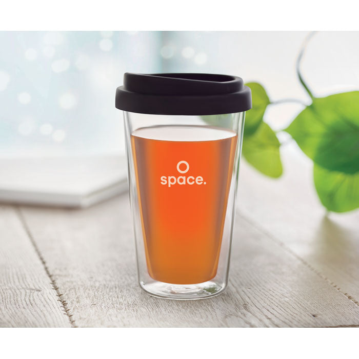 Dubbelwandig glas met deksel Bielo Tumbler met een bedrukking als voorbeeld