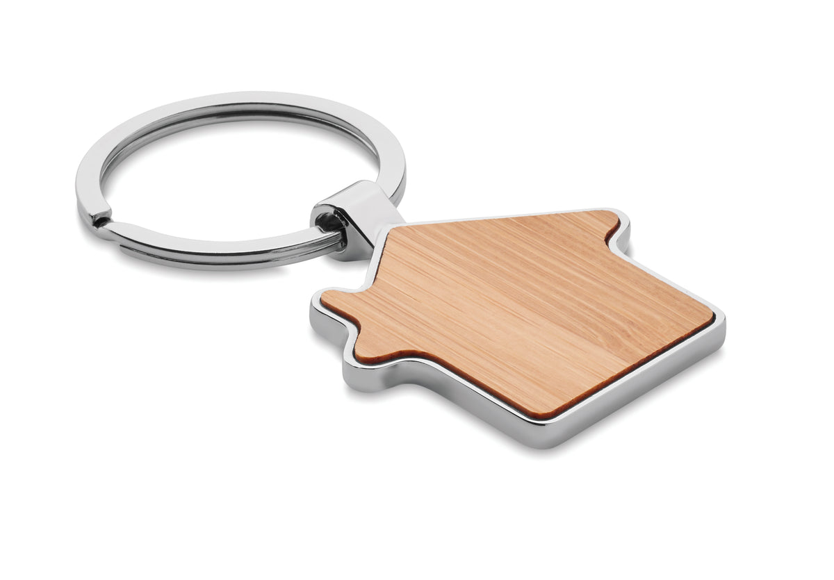 Bamboe sleutelhanger huisje Burnie in hout