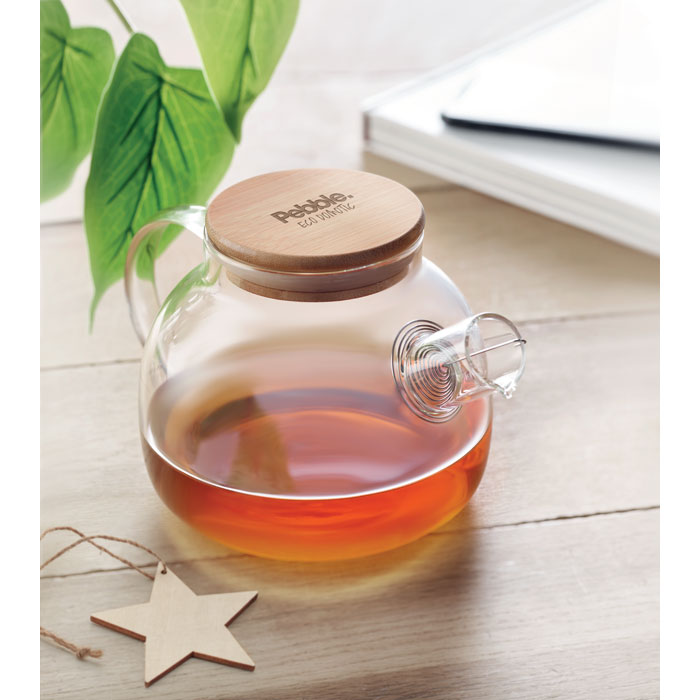 Glazen theepot 850 ml Munnar met een bedrukking als voorbeeld