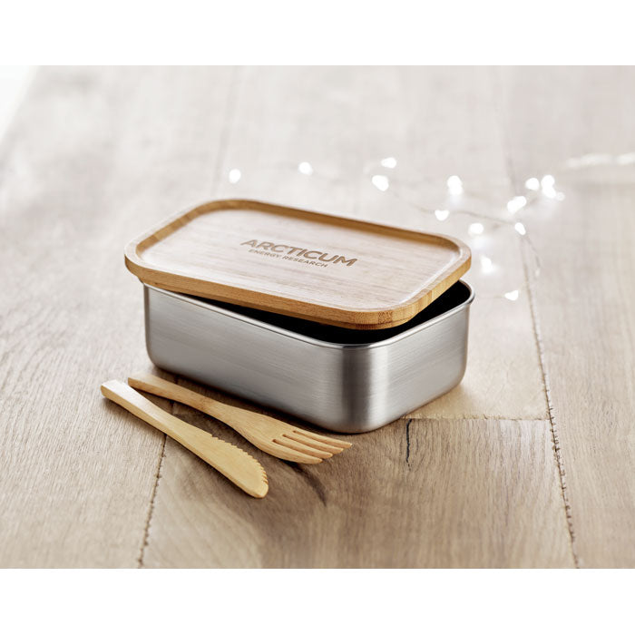 RVS Lunchbox 600 ml Savanna met een bedrukking als voorbeeld