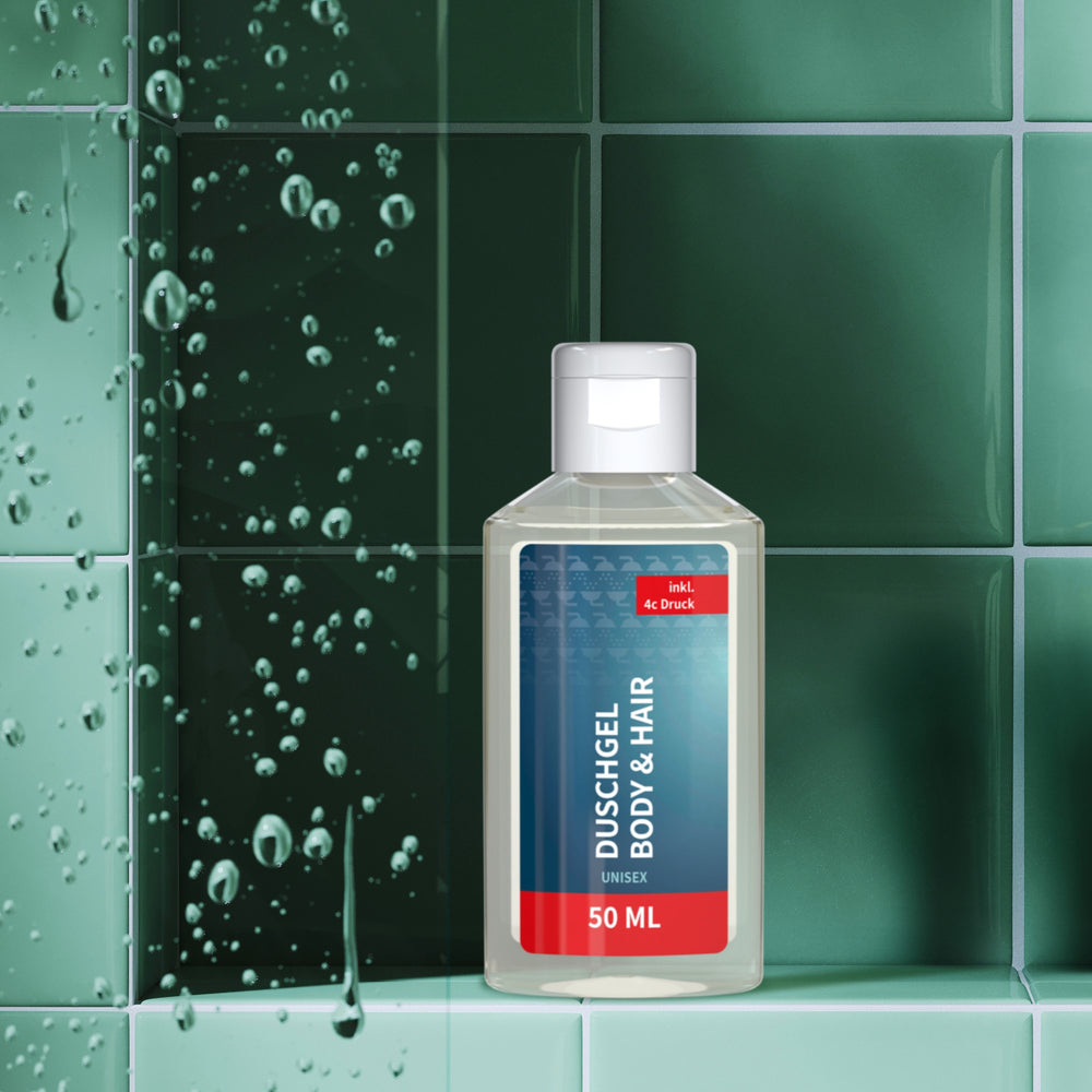Sfeerbeeld van douchegel rozemarijn-gember in flacon van 50 ml