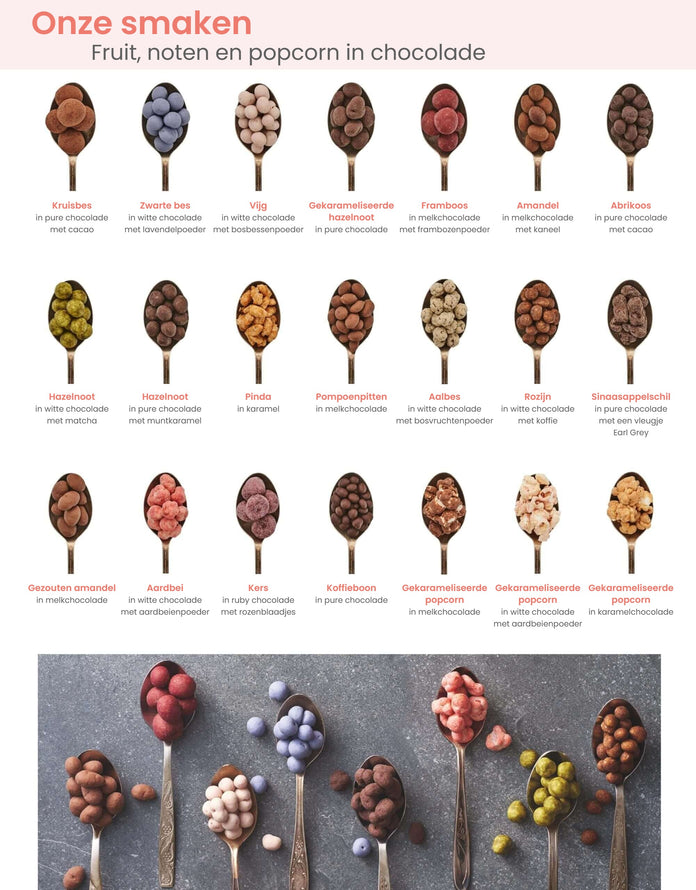 Overzicht van 21 smaken fruit, noten en popcorn in chocolade op lepels, met de Nederlandse smaaknamen