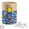 Pfefferminz Drops zuckerfrei, ca. 80g, Kraftpapierdose Midi bedrukken – promotionele snack