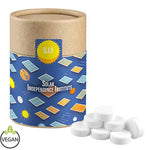 Pfefferminz Drops zuckerfrei, ca. 80g, Kraftpapierdose Midi bedrukken – promotionele snack