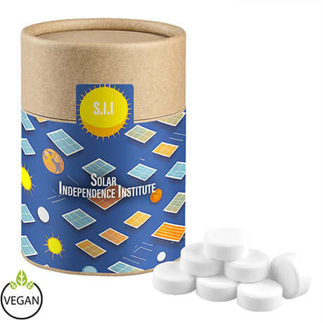 Pfefferminz Drops zuckerfrei, ca. 80g, Kraftpapierdose Midi bedrukken – promotionele snack