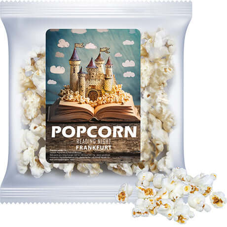 Zoete popcorn flowpack met sticker bedrukken