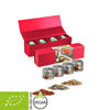 verschiedene Gewürzmischungen biologische und nicht biologische (Kategorie 2), ca. 64-260g, Geschenk-Set Premium rot mit Magnetverschluss und 4 Metalldosen mini mit Sichtfenste bedrukken – promotionele snack