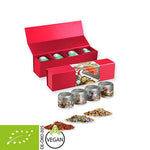 verschiedene Gewürzmischungen biologische und nicht biologische (Kategorie 2), ca. 64-260g, Geschenk-Set Premium rot mit Magnetverschluss und 4 Metalldosen mini mit Sichtfenste bedrukken – promotionele snack