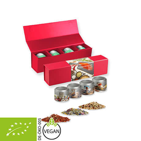 verschiedene Gewürzmischungen biologische und nicht biologische (Kategorie 2), ca. 64-260g, Geschenk-Set Premium rot mit Magnetverschluss und 4 Metalldosen mini mit Sichtfenste bedrukken – promotionele snack