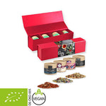verschiedene Gewürzmischungen biologische und nicht biologische (Kategorie 3), ca. 100-300g, Geschenk-Set Premium rot mit Magnetverschluss und 4 Kraftpapierdosen Mini bedrukken – promotionele snack