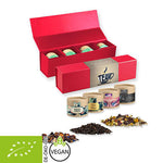Verschiedene Teesorten, biologische und nicht-Bio, ca. 60-140g, Geschenk-Set Premium rot mit Magnetverschluss und 4 Kraftpapierdosen Mini bedrukken – promotionele snack