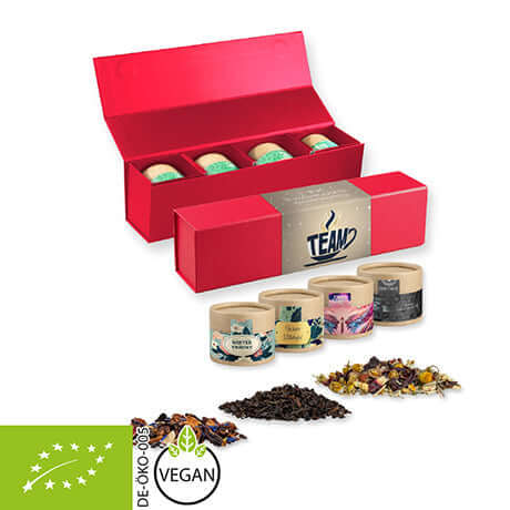 Verschiedene Teesorten, biologische und nicht-Bio, ca. 60-140g, Geschenk-Set Premium rot mit Magnetverschluss und 4 Kraftpapierdosen Mini bedrukken – promotionele snack