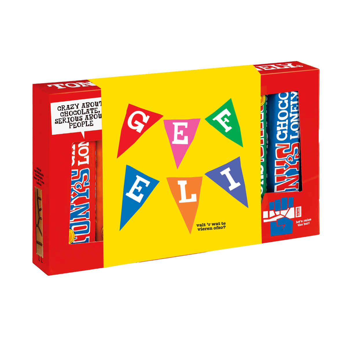 Tony's Chocolonely proeverijtje Gefeliciteerd, schuin van voren