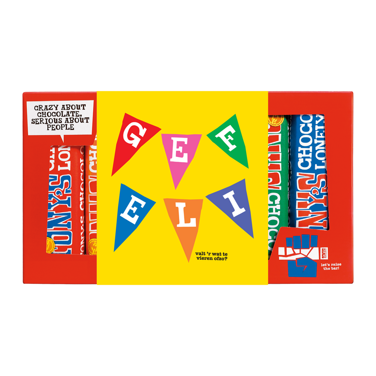 Tony's Chocolonely proeverijtje Gefeliciteerd, voorkant van de verpakking