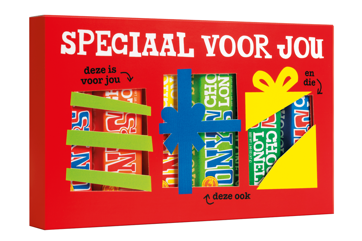 Tony's Chocolonely proeverijtje Kado, schuin van voren