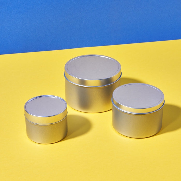 Rond naadloos blik in zilver met deksel, 100 tot 400 ml