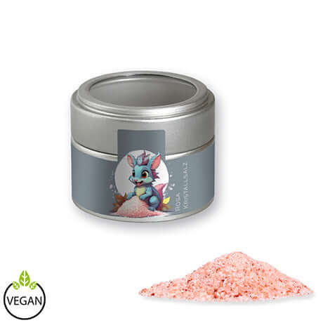Rosa Kristallsalz, ca. 110g, Metalldose mini mit Sichtfenster silber bedrukken – promotionele snack