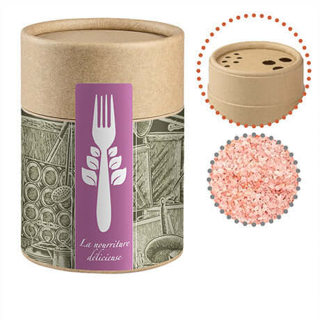 Rosa Kristallsalz, ca. 135g, Kraftpapierstreuer Midi bedrukken – promotionele snack