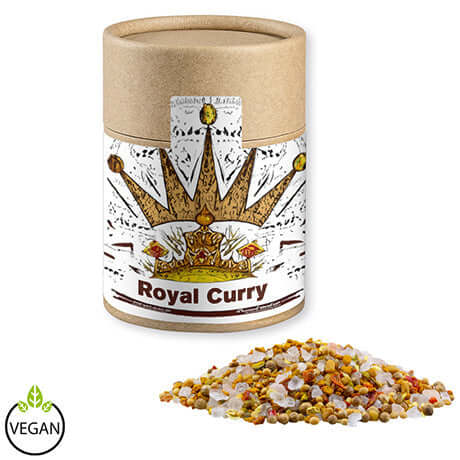 Royal Curry, ca. 110g, Kraftpapierdose Midi bedrukken – promotionele snack