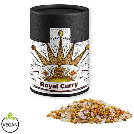Royal Curry, ca. 110g, Kraftpapierdose Midi schwarz bedrukken – promotionele snack
