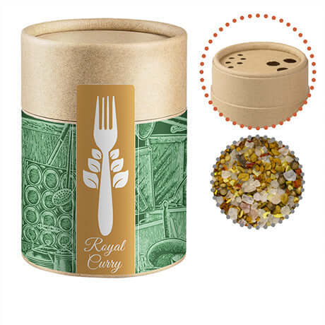 Royal Curry, ca. 110g, Kraftpapierstreuer Midi bedrukken – promotionele snack