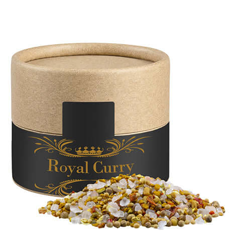 Royal Curry, ca. 50g, Kraftpapierdose Mini bedrukken – promotionele snack