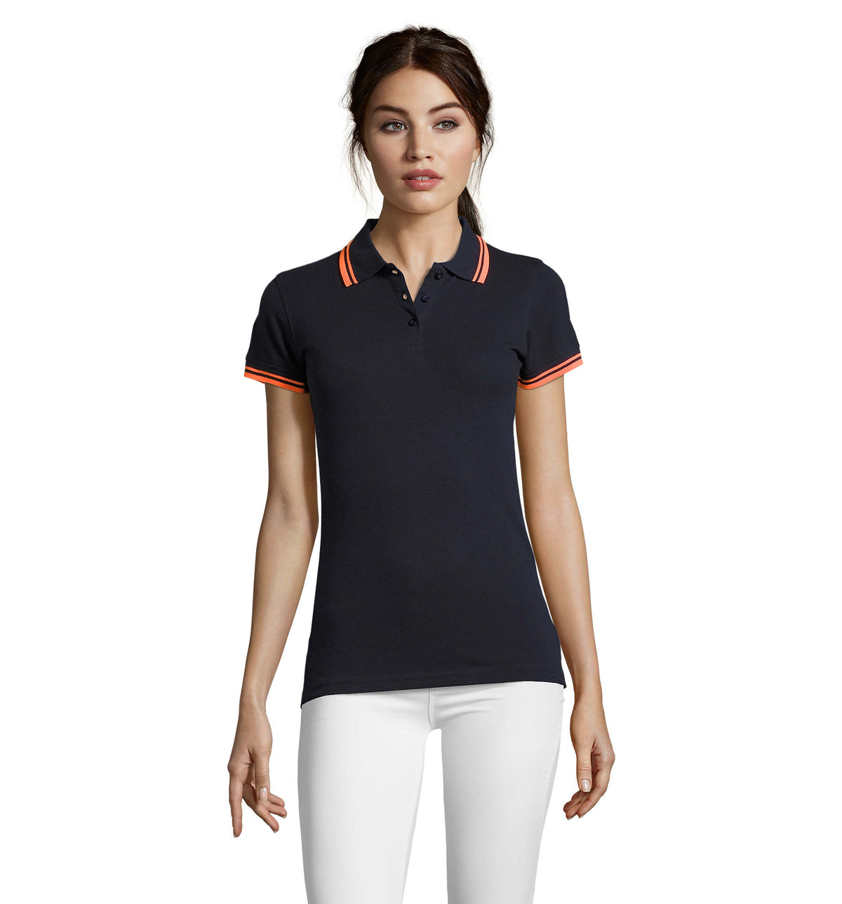 PASADENA dames polo 200 g Pasadena Women in frans marine/neon oranje