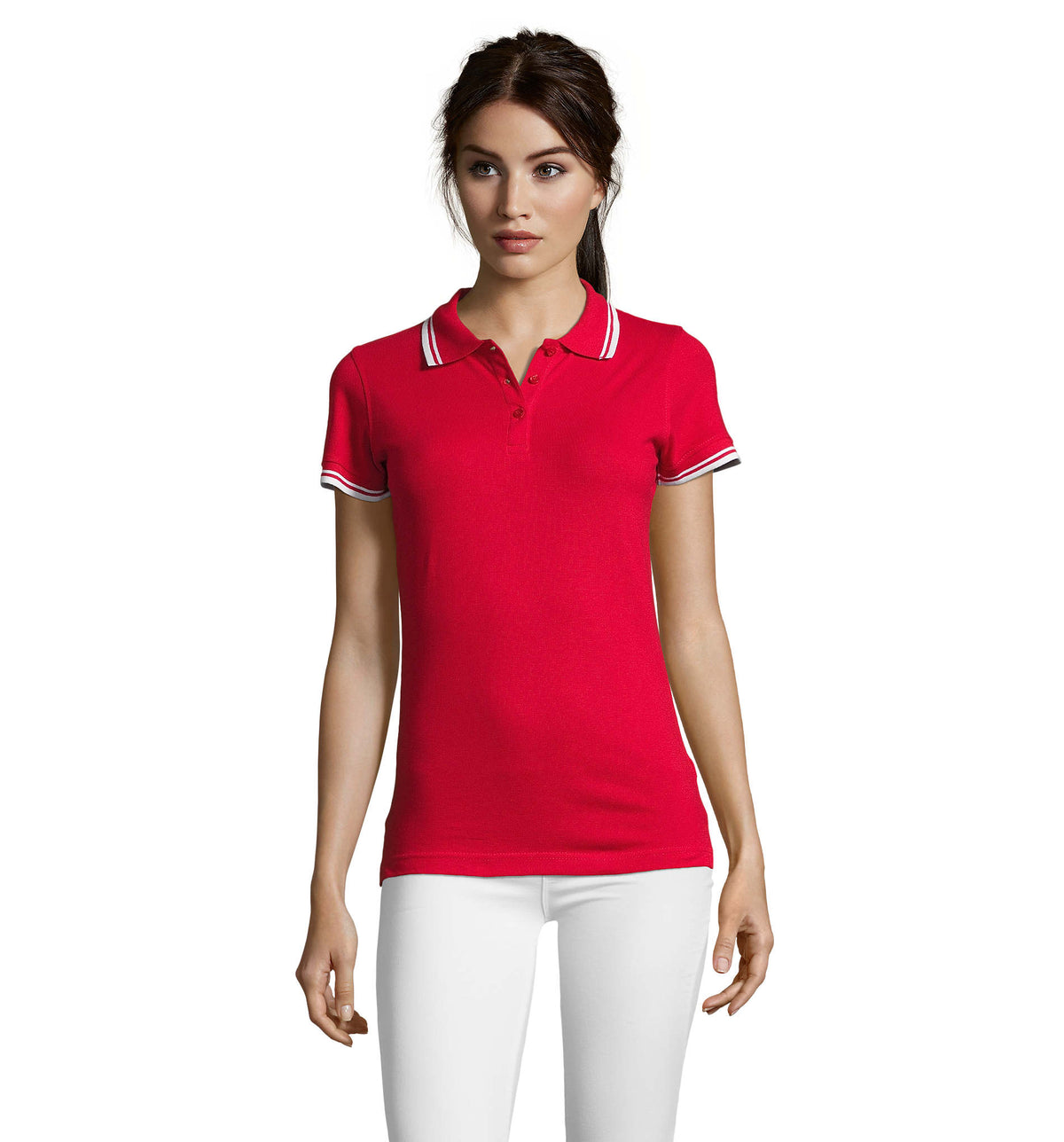 PASADENA dames polo 200 g Pasadena Women in rood/wit