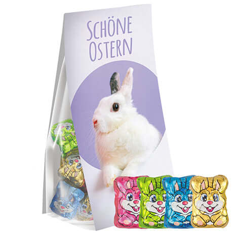 Transparante stazak met chocolade paashazen en topkaart bedrukken