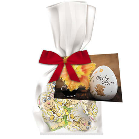 Schoko-Lamm, ca. 24g, Express Flachbeutel mit Schleife mit Werbekarte bedrukken – promotionele snack