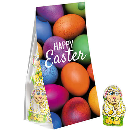 Schoko-Lamm, ca. 36g, Express Blockbodenbeutel mit Werbereiter bedrukken – promotionele snack