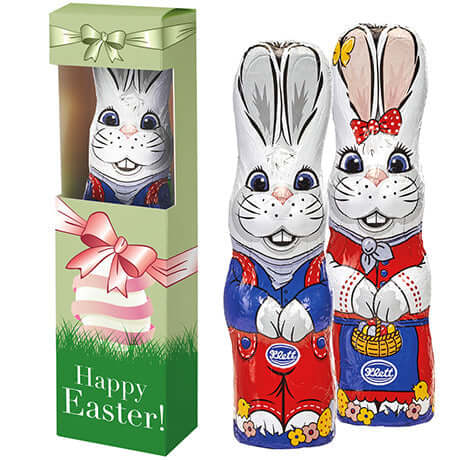 Schoko Osterhase stehend, ca. 60g, Faltschachtel mit Sichtfenster bedrukken – promotionele snack