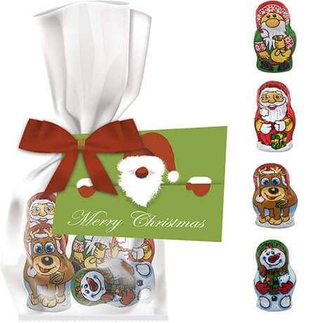 Schoko-Weihnachts Mix, ca. 35g, Express Flachbeutel mit Schleife mit Werbekarte bedrukken – promotionele snack