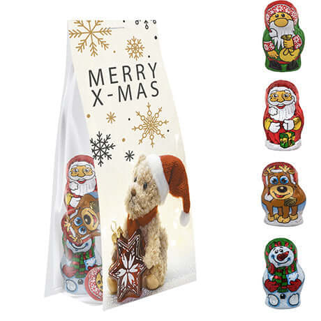 Transparant zakje met chocolade kerstmix en topkaart bedrukken