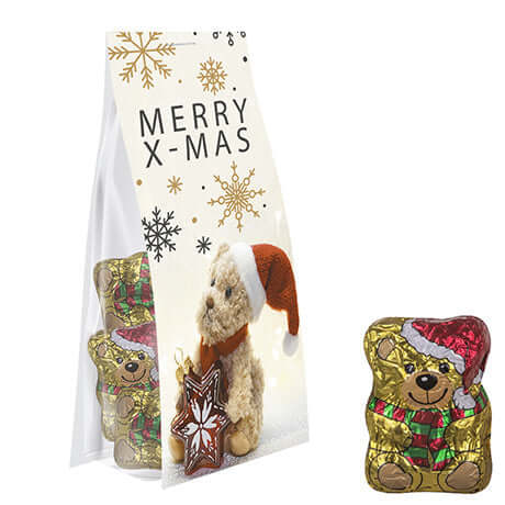 Schoko-Weihnachtsbärchen, ca. 40g, Express Blockbodenbeutel mit Werbereiter bedrukken – promotionele snack