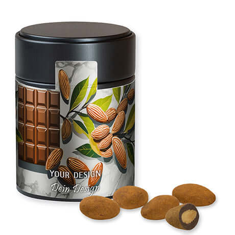 Schokomandeln mit Zimt, ca. 100g, Metalldose Midi schwarz bedrukken – promotionele snack