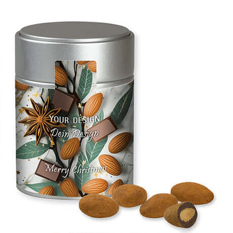 Schokomandeln mit Zimt, ca. 100g, Metalldose Midi silber bedrukken – promotionele snack