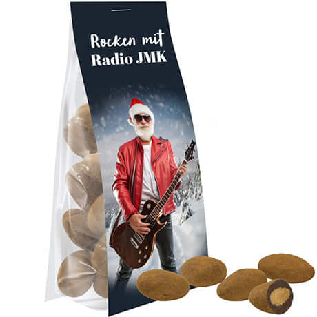 Schokomandeln mit Zimt, ca. 40g, Express Blockbodenbeutel mit Werbereiter bedrukken – promotionele snack