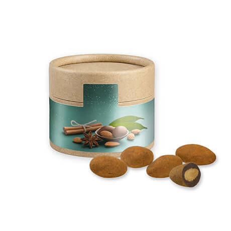 Schokomandeln mit Zimt, ca. 40g, Kraftpapierdose Mini bedrukken – promotionele snack