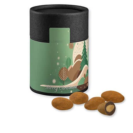 Schokomandeln mit Zimt, ca. 80g, Kraftpapierdose Midi schwarz bedrukken – promotionele snack