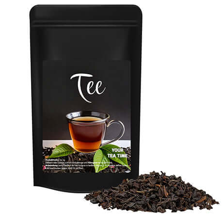 Schwarztee, ca. 40g, stazak Midi schwarz bedrukken – ca. 40g in zwarte stazak met thee-opdruk en losse zwarte thee